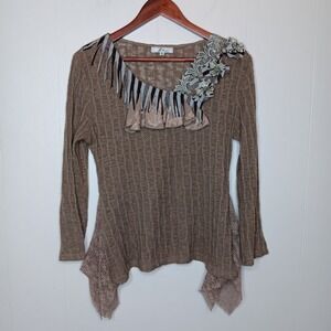 Y2K Zba Mixed Media Blouse M Brown Asymmetrical Ruffle Forest Fairy Boho